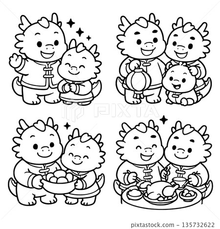 Cute dragon family celebrating lunar new year with lantern, food and joy 135732622