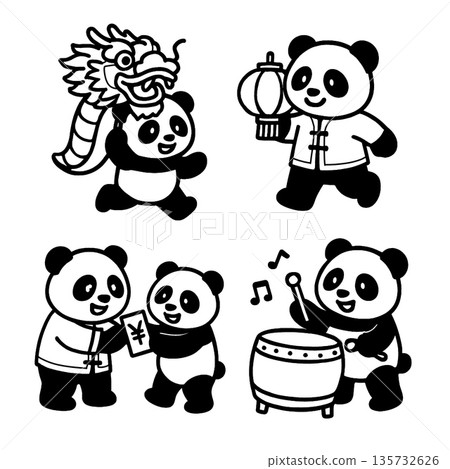 Cute panda celebrating Chinese New Year with dragon, lantern, red envelope and drum joyful 135732626