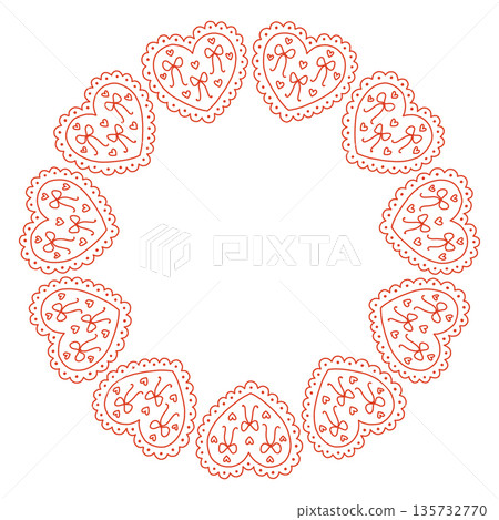 Whimsical vector illustration of a circular frame made of decorative folk style hearts. Cute hand drawn doodle design in red and white, perfect for Valentines Day cards, invitations, posters. Whimsical vector illustration of a circular frame made of decorative folk style hearts. Cute hand drawn doodle design in red and white, perfect for Valentines Day cards, invitations, posters. 135732770