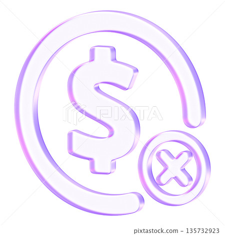 Modern translucent 3D icon showing dollar sign with cross mark for payment errors or cancelled transactions. Perfect for financial status notifications and error messages Modern translucent 3D icon showing dollar sign with cross mark for payment errors or cancelled transactions. Perfect for financial status notifications and error messages 135732923