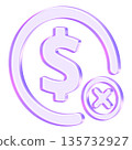 Modern translucent 3D icon showing dollar sign with cross mark for payment errors or cancelled transactions. Perfect for financial status notifications and error messages 135732927