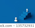 Isometric person standing before blue stairs leading to an upward arrow representing career growth and business success. 135732931