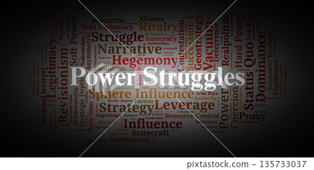 Power Struggles Word Cloud. Essential Terms on Authority Contestation and Global Influence Power Struggles Word Cloud. Essential Terms on Authority Contestation and Global Influence 135733037