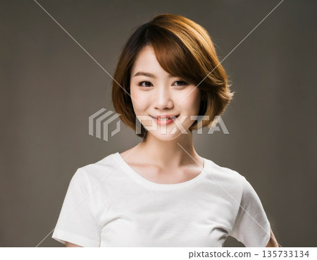 Close-up of a smiling young woman with short hair. AI-generated 135733134