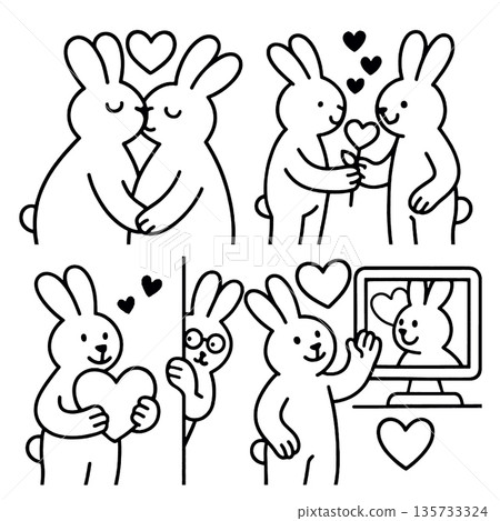 Romantic rabbit couple, love heart, gift exchange, secret admirer, online dating, and affectionate emotions in black and white cartoon style illustration Romantic rabbit couple, love heart, gift exchange, secret admirer, online dating, and affectionate emotions in black and white cartoon style illustration 135733324