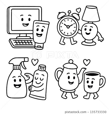 Computer keyboard monitor tube alarm clock lamp spray bottle tube teapot cup heart happy love cartoon illustration friendship cute smiling object pair together fun playful doodle drawing black 135733330