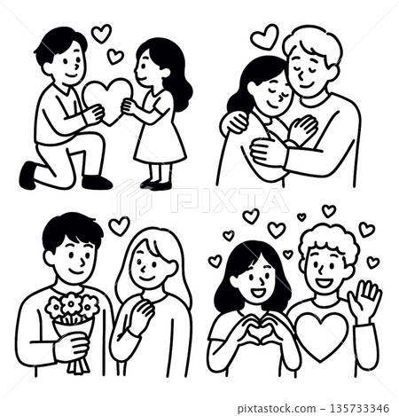 Couple love heart romance happiness relationship affection together cheerful emotion hugging flowers smiling gesture dating friendship caring joyful connection support bonding sweet positive 135733346