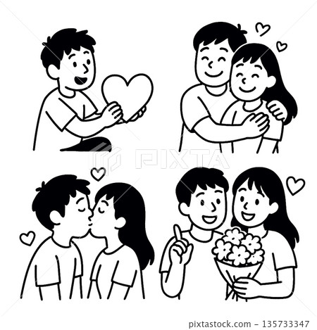 Couple love romance happiness relationship affection together kiss hug gift and flowers are shown in this illustration expressing joyful and loving emotions in romantic relationship Couple love romance happiness relationship affection together kiss hug gift and flowers are shown in this illustration expressing joyful and loving emotions in romantic relationship 135733347