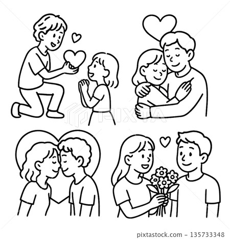 Romantic couple love happiness affection and togetherness are shown in these hand drawn illustrations including hugging kissing giving flowers and proposing with heart symbol Romantic couple love happiness affection and togetherness are shown in these hand drawn illustrations including hugging kissing giving flowers and proposing with heart symbol 135733348