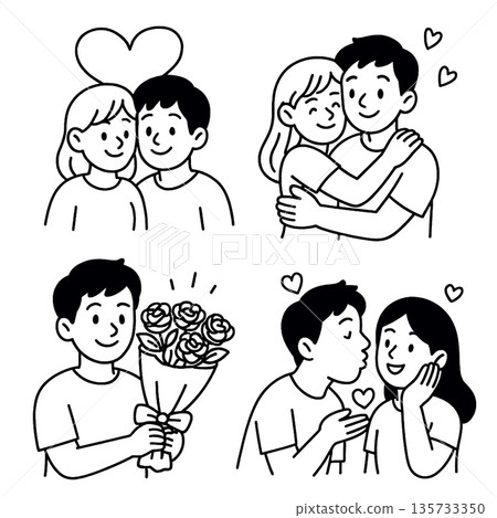 Happy couple, romantic embrace, man giving flowers, and sweet kiss, all illustrated in cute black and white cartoon style, expressing love and affection with heart symbols 135733350