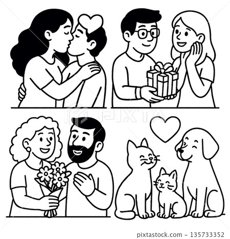 Romantic couple kissing, man giving gift to woman, woman receiving flowers from man, two cats and two dogs with heart symbol, expressing love and affection Romantic couple kissing, man giving gift to woman, woman receiving flowers from man, two cats and two dogs with heart symbol, expressing love and affection 135733352