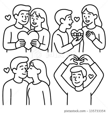 Couple love heart romance gift happiness kiss affection relationship togetherness are shown this romantic line art illustration of couple sharing heart exchanging present kissing and making heart Couple love heart romance gift happiness kiss affection relationship togetherness are shown this romantic line art illustration of couple sharing heart exchanging present kissing and making heart 135733354