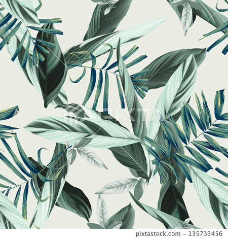 Foliage seamless pattern, heliconia Ctenanthe oppenheimiana plant and palm leaves in green tone on bright green Foliage seamless pattern, heliconia Ctenanthe oppenheimiana plant and palm leaves in green tone on bright green 135733456
