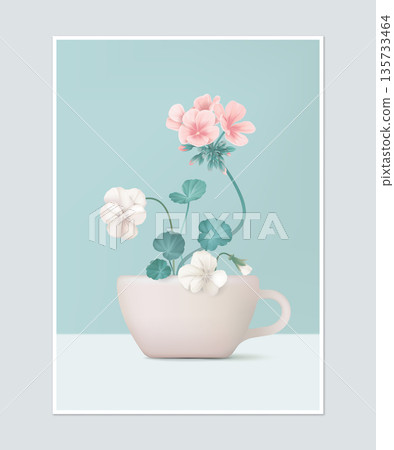 Poster design, flower arrangement in light pink coffee cup Poster design, flower arrangement in light pink coffee cup 135733464