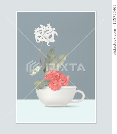 Poster design, flower arrangement in white ceramic coffee cup 135733465