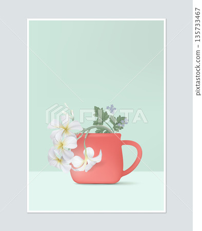 Poster design, flower arrangement in red ceramic coffee cup 135733467