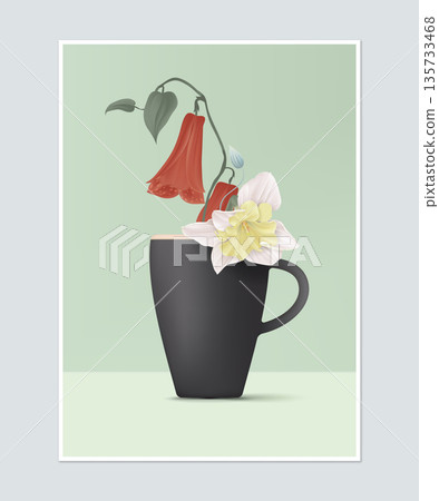Poster design, flower arrangement in dark grey ceramic coffee cup Poster design, flower arrangement in dark grey ceramic coffee cup 135733468