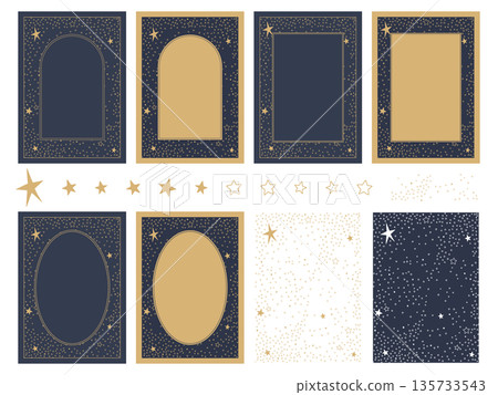 Antique vertical frame background set of the Milky Way and starry sky. A4 size, transparent, subculture, fantastic vector element. 135733543