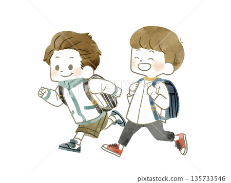 Two elementary school students running - watercolor Two elementary school students running - watercolor 135733546