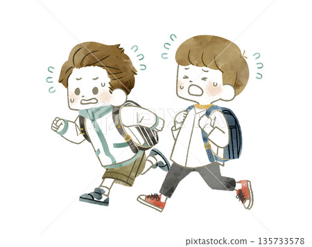 Two elementary school students running in a hurry - watercolor Two elementary school students running in a hurry - watercolor 135733578