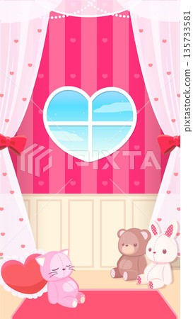 A cute room background with a vertical heart-shaped window that can be used for Valentine's Day. Daytime 135733581