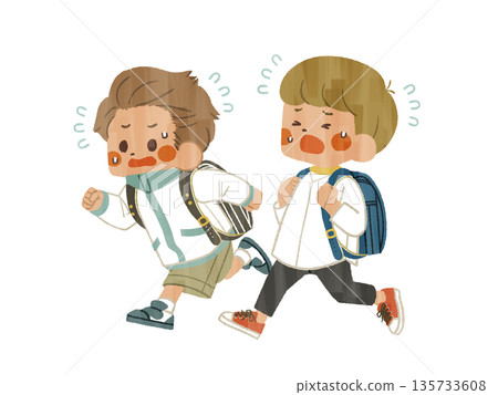 Two elementary school students running in a hurry - Gash 135733608