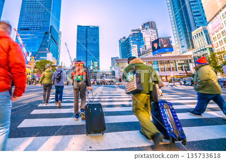 Tokyo cityscape in Japan, suitcases, etc. Inbound tourism continues... Foreign tourists crossing Shibuya Scramble Crossing 135733618