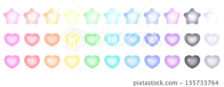 豐滿的星星和心形紐扣插畫集，光澤感強，3D紋理，柔和的粉紅彩色調，提供多種顏色選擇 135733764