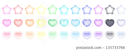 星形和心形圖示插畫集,透明玻璃/霓虹質感,柔和色調,發光,3D效果 星形和心形圖示插畫集,透明玻璃/霓虹質感,柔和色調,發光,3D效果 135733766