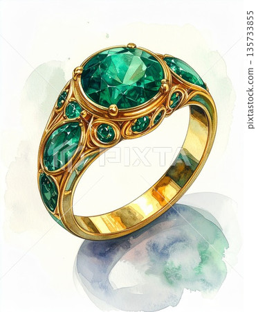 雷諾曼卡牌「戒指」祖母綠經典戒指水彩插畫 2 / 傳單與海報素材 135733855