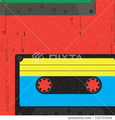 Colorful plastic audio cassette tapes flat design with riso print effect vector illustration on orange background have blank space. 135733936