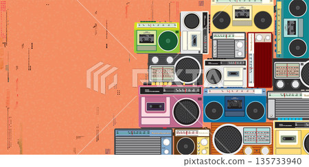 Colorful retro cassette player and radio flat design vector illustration on orange background with risograph printing effect and have blank space for any wording or advertisement. Colorful retro cassette player and radio flat design vector illustration on orange background with risograph printing effect and have blank space for any wording or advertisement. 135733940