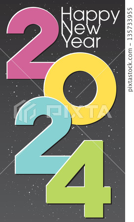 Happy New Year 2024 colorful calligraphy on cosmos background have blank space. Greeting card vertical template. 135733955