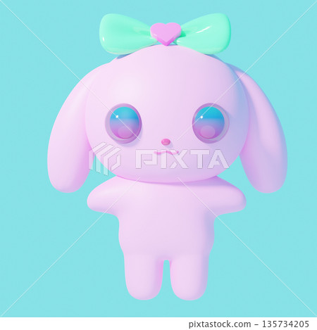 Cute pastel pink rabbit 3D character with mint ribbon and plump texture 135734205