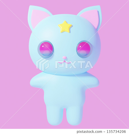 一隻可愛的粉彩色3D貓咪，質地圓潤，外形像小雕像。 135734206