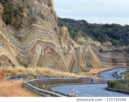 伊豆大島道路沿線露出的褶皺地層橫切面 135734266