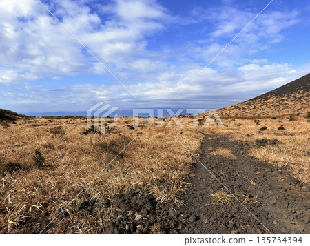 A view of the crater with steam seen while trekking on Mount Mihara, Izu Oshima 135734394