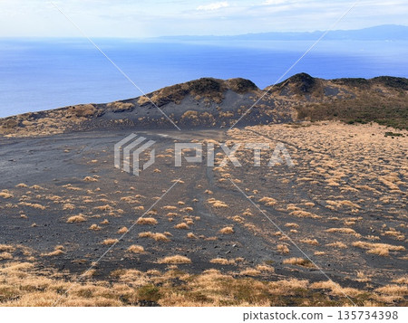 A view of the crater with steam seen while trekking on Mount Mihara, Izu Oshima 135734398