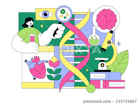 Biology Vector Illustration Featuring DNA Gene Molecule, Virus, Genetic Biotechnology, Chemistry, Genome, And Science Flat Style Background 135734867