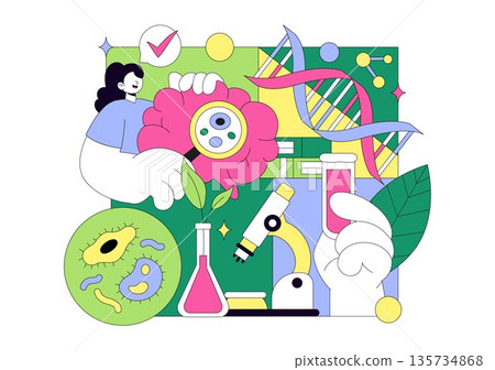 Biology Vector Illustration Featuring DNA Gene Molecule, Virus, Genetic Biotechnology, Chemistry, Genome, And Science Flat Style Background 135734868