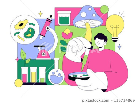 Biology Vector Illustration Featuring DNA Gene Molecule, Virus, Genetic Biotechnology, Chemistry, Genome, And Science Flat Style Background Biology Vector Illustration Featuring DNA Gene Molecule, Virus, Genetic Biotechnology, Chemistry, Genome, And Science Flat Style Background 135734869