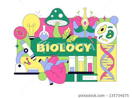 Biology Vector Illustration Featuring DNA Gene Molecule, Virus, Genetic Biotechnology, Chemistry, Genome, And Science Flat Style Background Biology Vector Illustration Featuring DNA Gene Molecule, Virus, Genetic Biotechnology, Chemistry, Genome, And Science Flat Style Background 135734875