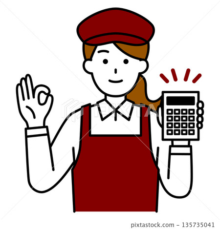 A female cafe employee shows a calculator and gives an OK sign A female cafe employee shows a calculator and gives an OK sign 135735041