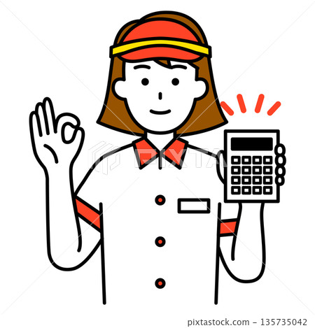 A female employee at a fast food restaurant shows a calculator and gives an OK sign A female employee at a fast food restaurant shows a calculator and gives an OK sign 135735042
