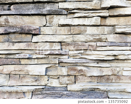 Textured background of stacked stone wall veneer. 135735092