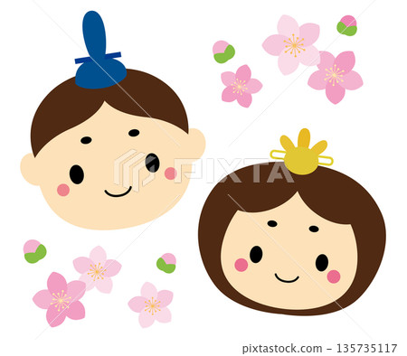 Hinamatsuri - Cute Hina dolls with gentle expressions, face illustration / no lines, peach blossoms 135735117