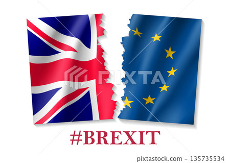 Brexit concept vector illustration. Symbol of Britain exit from European Union. Break between British and EU waving flags. Separation and crisis sign. Brexit concept vector illustration. Symbol of Britain exit from European Union. Break between British and EU waving flags. Separation and crisis sign. 135735534