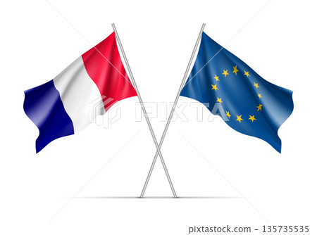 France and European Union waving flags on flagpole. EU sign with twelve gold stars on blue and France national symbol blue, white and red colors. Two flags isolated on white background 135735535