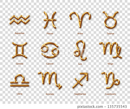 Golden zodiac symbols with shadow isolated on transparent background. Luxury star signs set for astrology horoscope predictions. Realistic gold design of horoscope constellations vector illustration 135735543