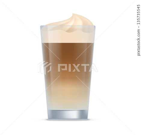 Glass of latte coffee drink. Aroma beverage with whipped cream in transparent cup realistic vector illustration isolated on white background 135735545